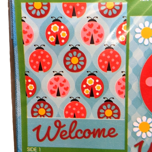 Wincraft 2 Sided Welcome Floral Ladybug Blue Red & Pink Small Garden Flag - Picture 4 of 4
